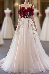 Uniquedresss Vintage Red Straps Tulle Semi Formal Prom Dress, Elegant Applique Semi Formal Prom Dress